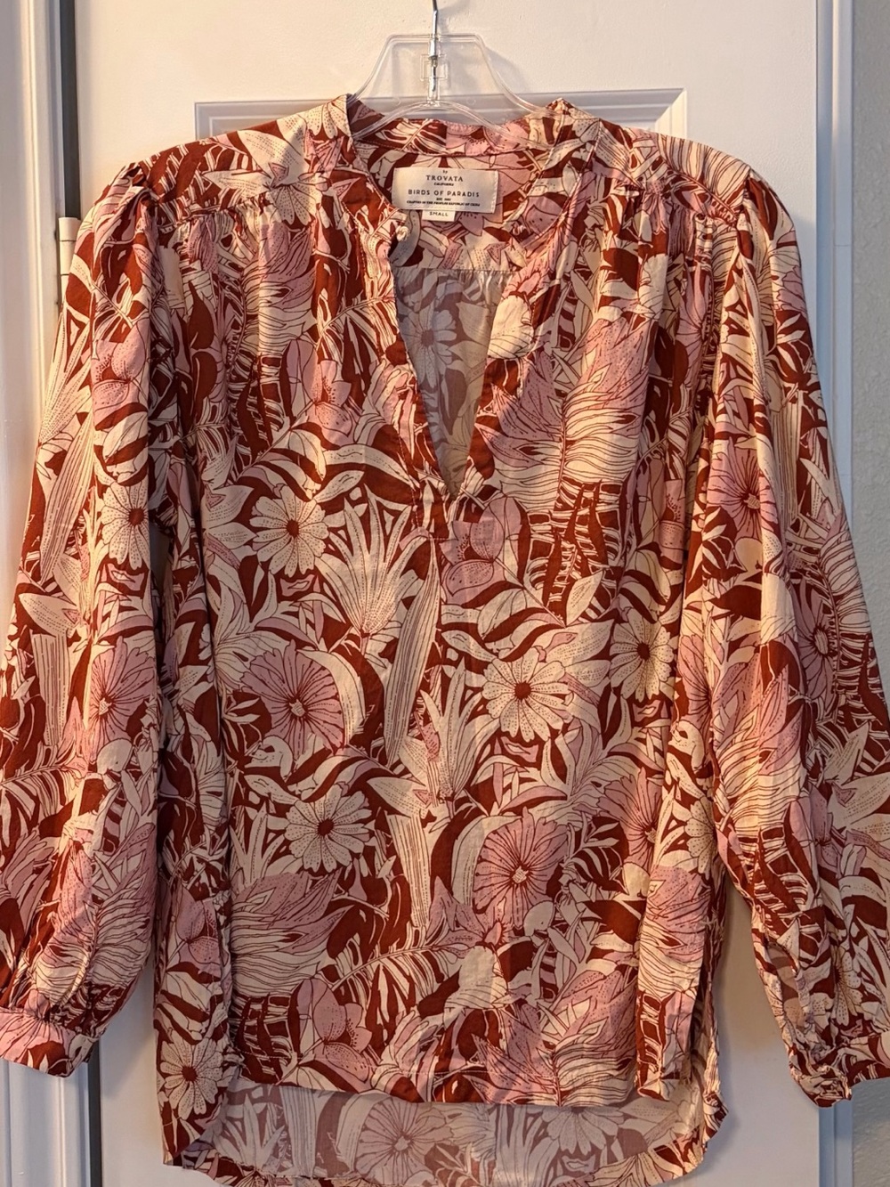Trovata Pink and Cream Floral Split-Neck Blouse